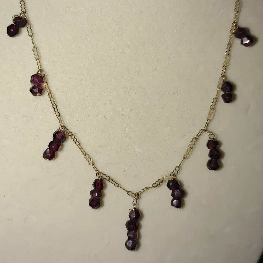 10k Yellow Gold Garnet Necklace Delicate Chain 16 Inches Spring Clasp Stamped